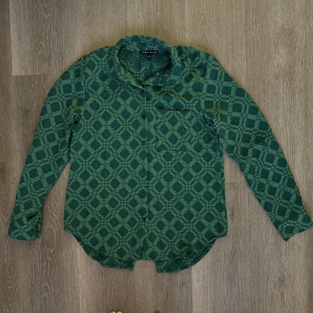 Como Black Button Down Shirt Women Small Green Diamond Textured L2U110BC